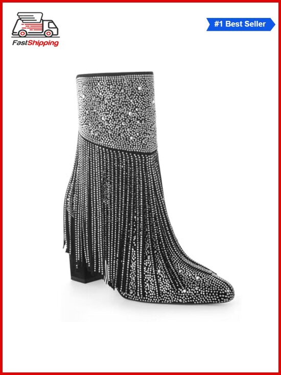 Shoes - 🎅 Fringe Rhinestone Cowboy Ankle Boots Faux Leather Side Zipper Heeled Booties